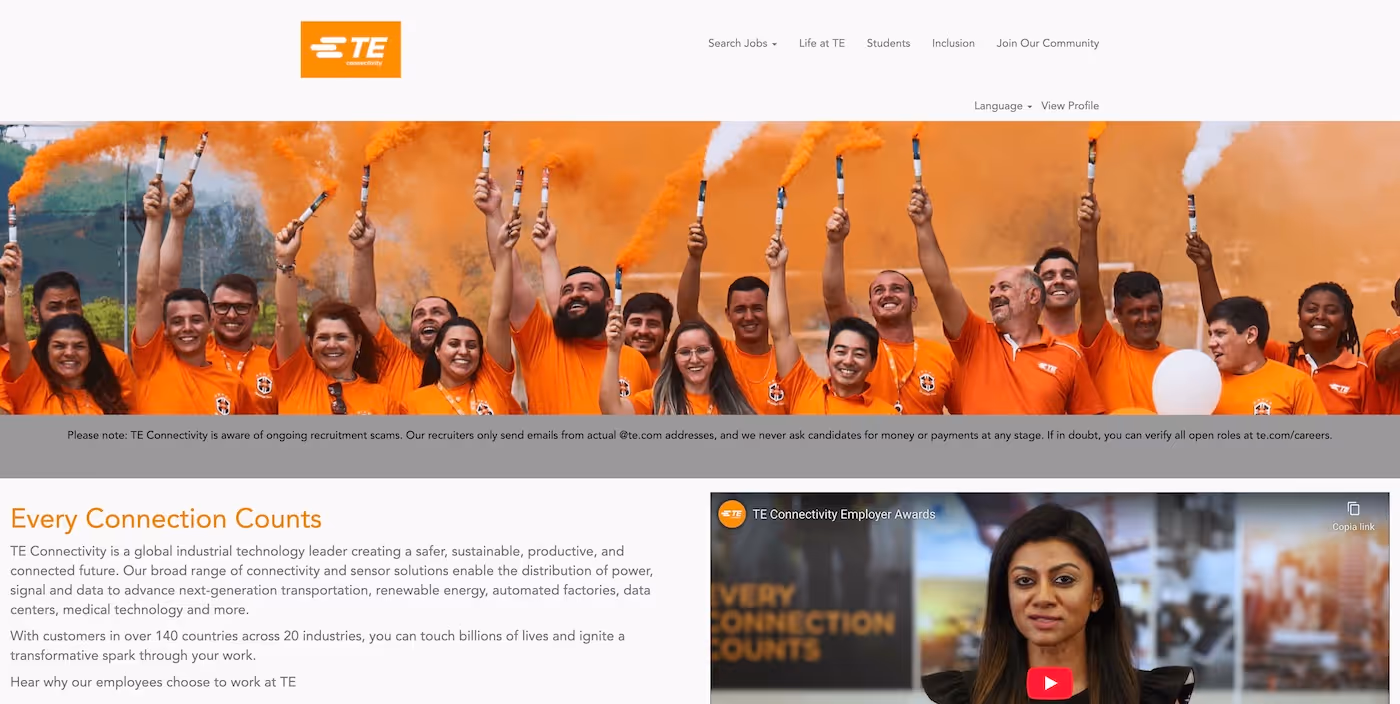 Screenshot of the official career page of TE Connectivity