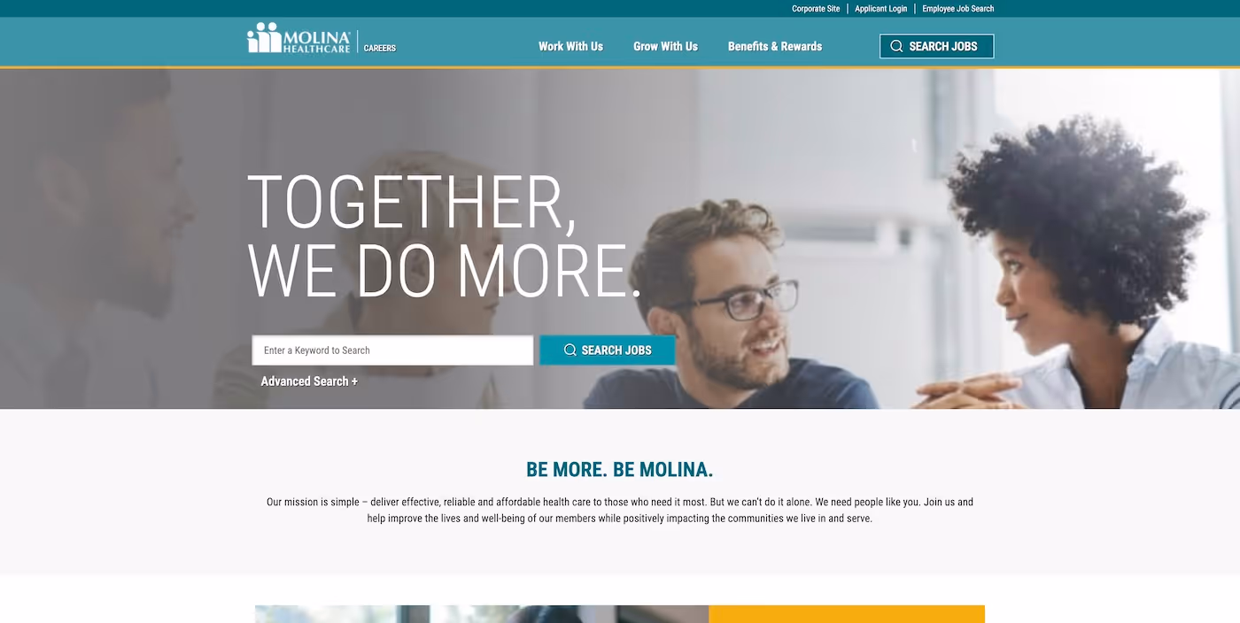 Screenshot of the official career page of Molina Healthcare