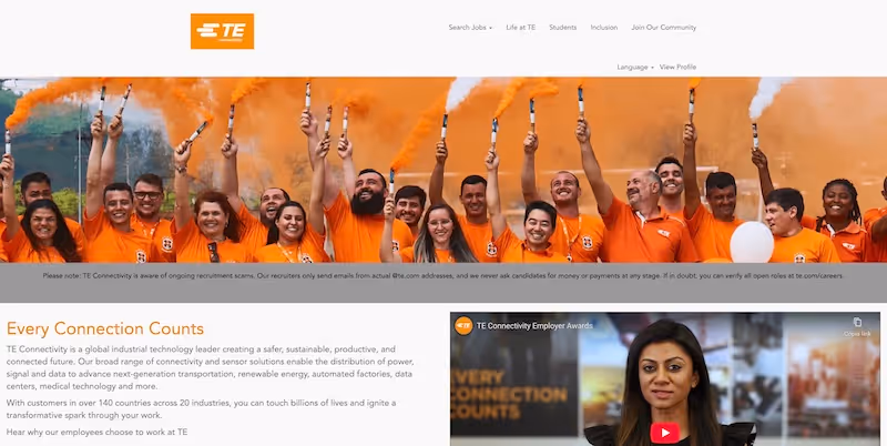Screenshot of the official career page of TE Connectivity
