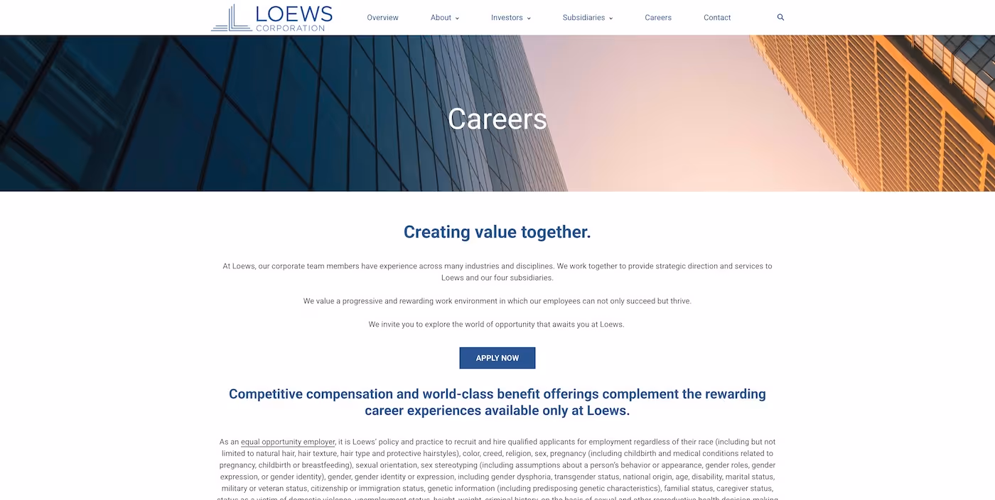 Screenshot of the official career page of Loews