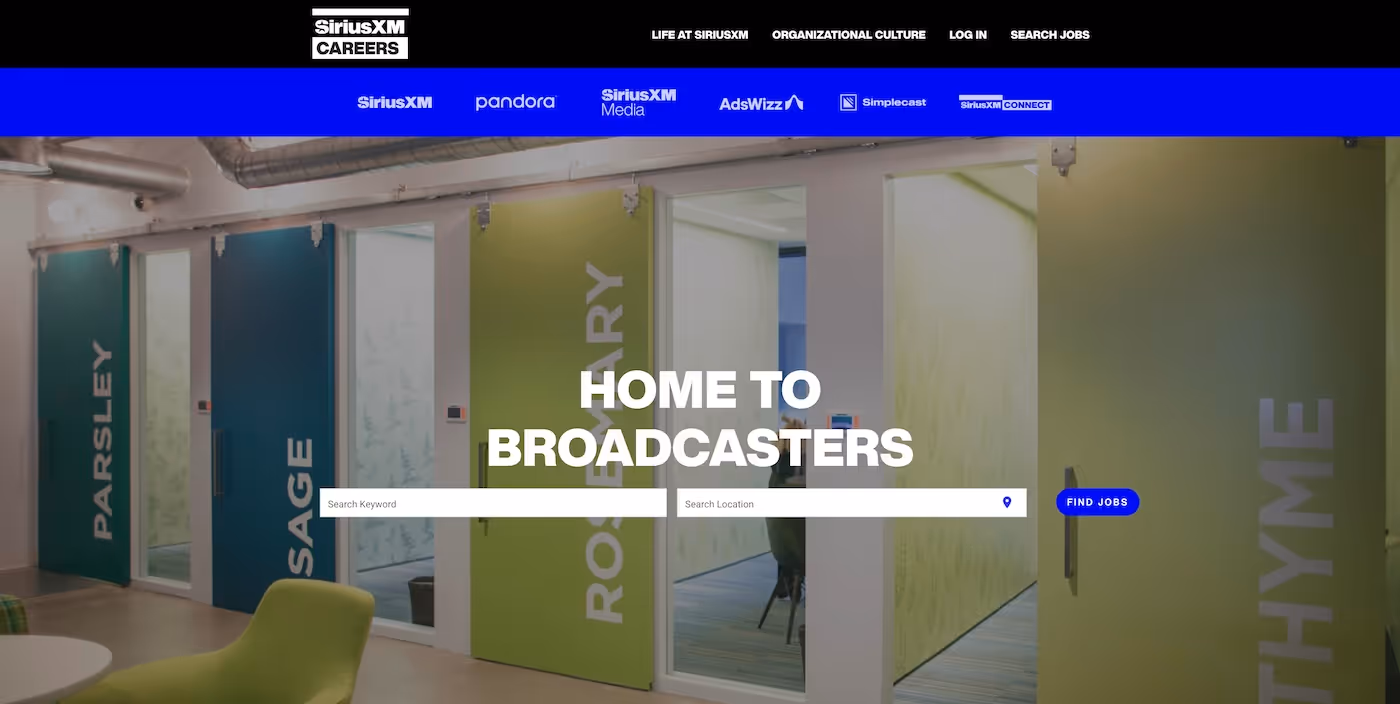Screenshot of the official career page of Sirius XM