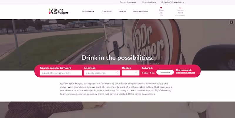 Screenshot of the official career page of Keurig Dr Pepper
