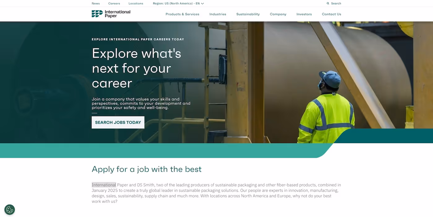 Screenshot of the official career page of International Paper