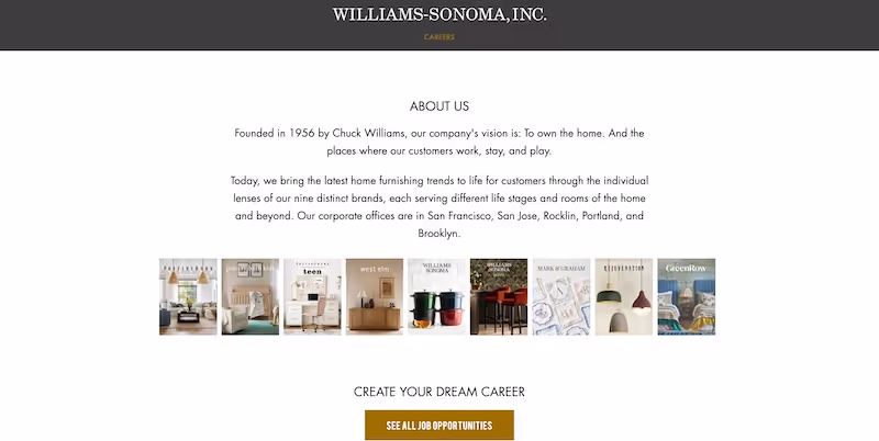 Screenshot of the official career page of Williams-Sonoma
