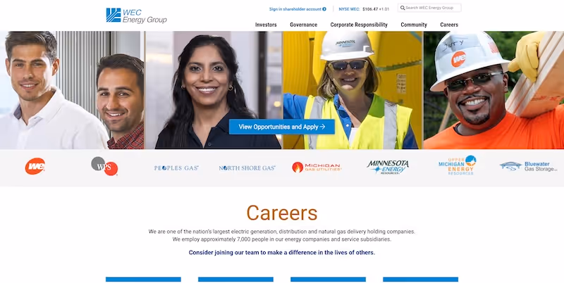 Screenshot of the official career page of WEC Energy Group