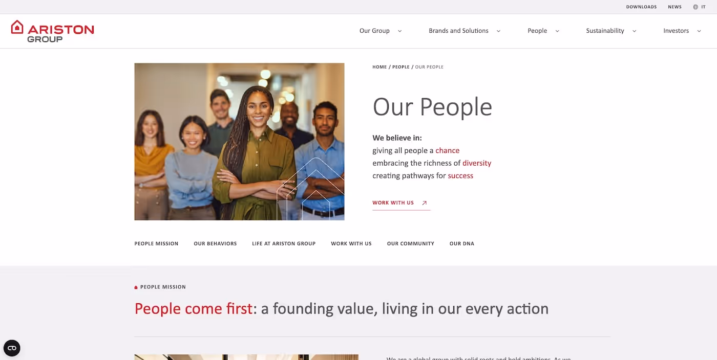 Screenshot of the official career page of Ariston Group