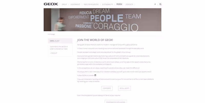 Screenshot of the official career page of Geox