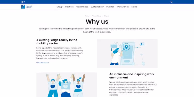 Screenshot of the official career page of Piaggio Group