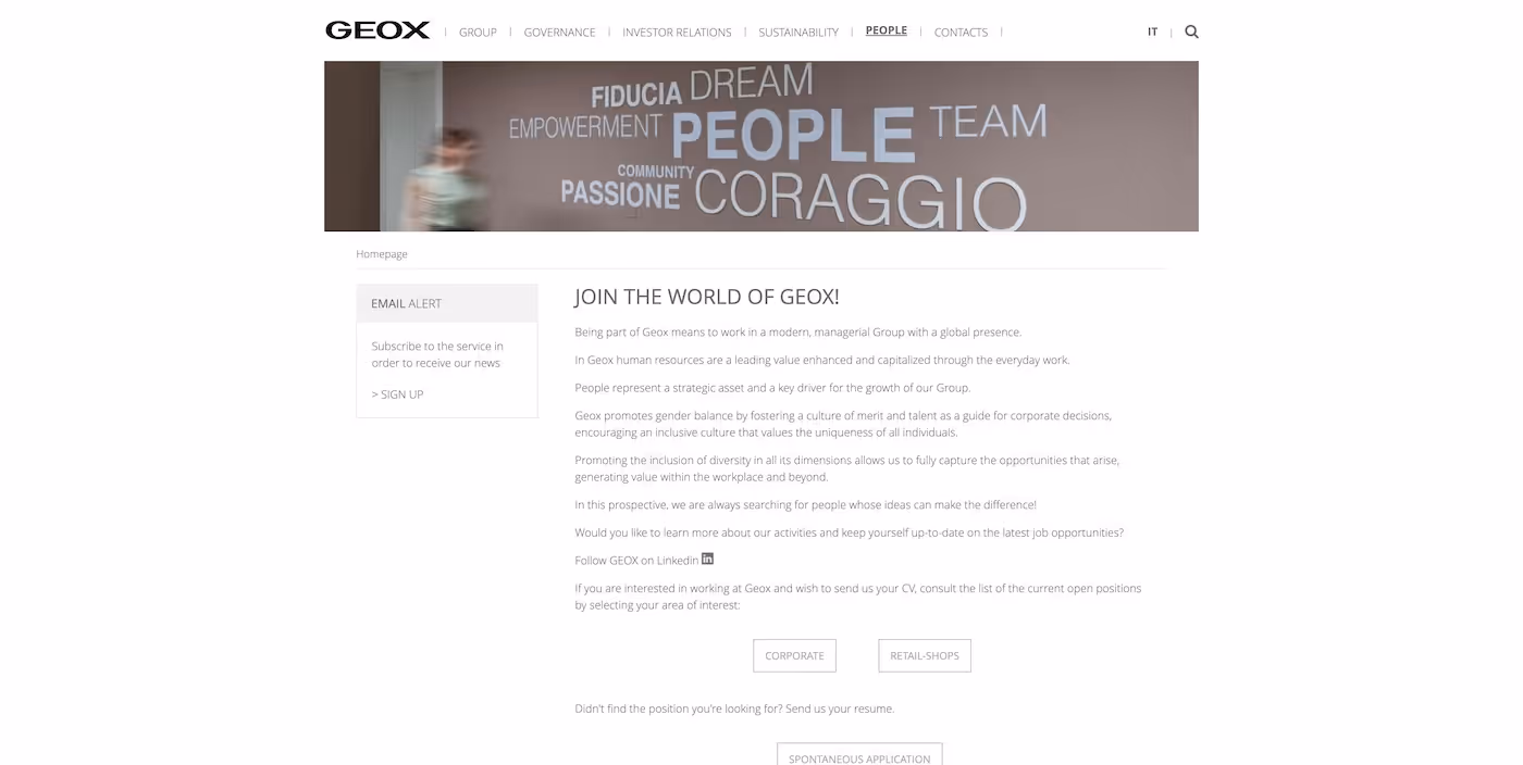 Screenshot of the official career page of Geox