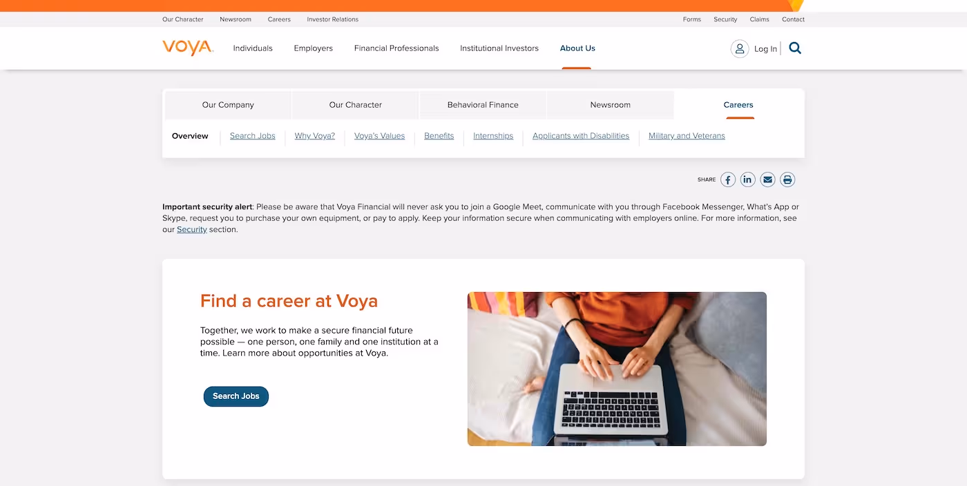 Screenshot of the official career page of Voya