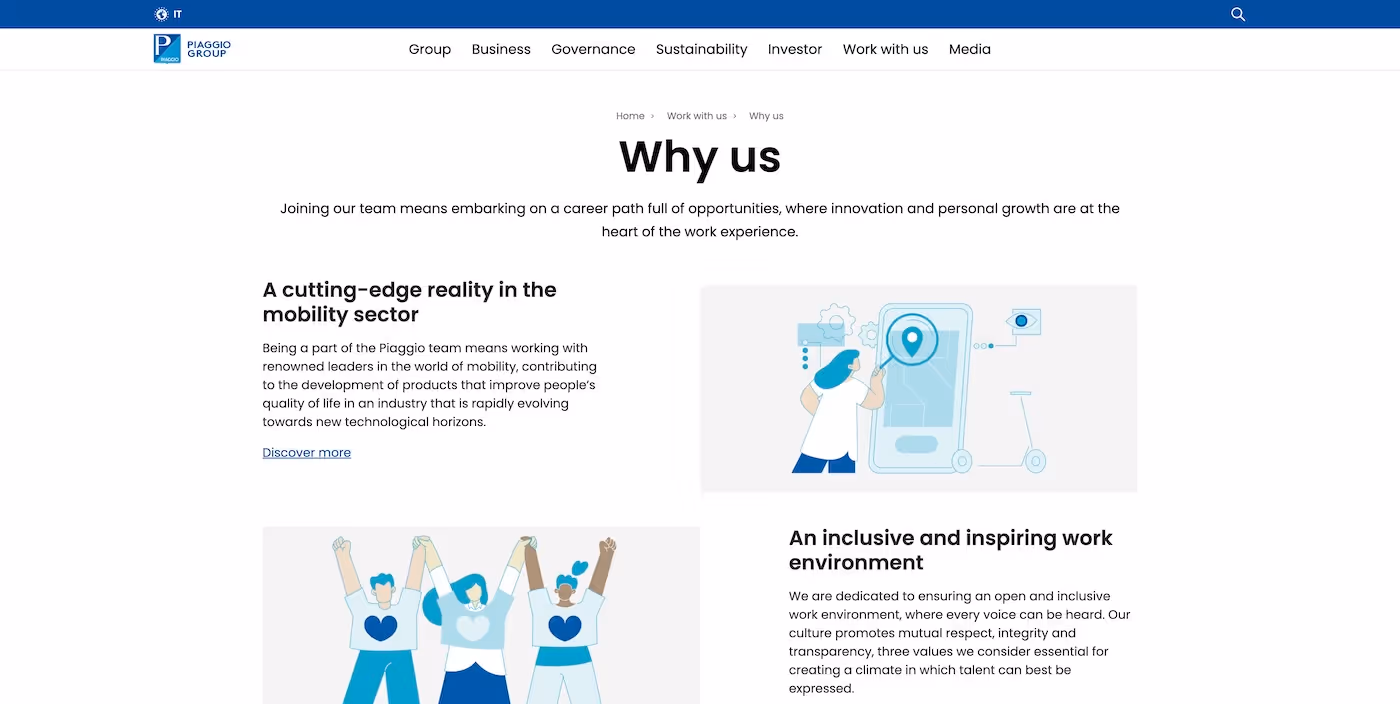 Screenshot of the official career page of Piaggio Group