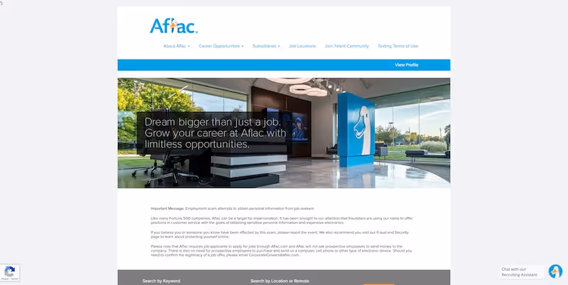 Screenshot of the official career page of Aflac