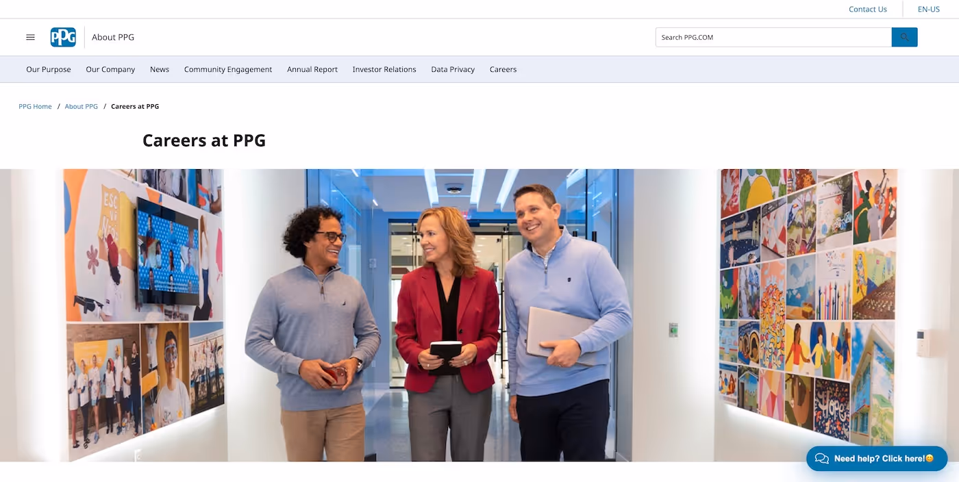 Screenshot of the official career page of PPG Industries