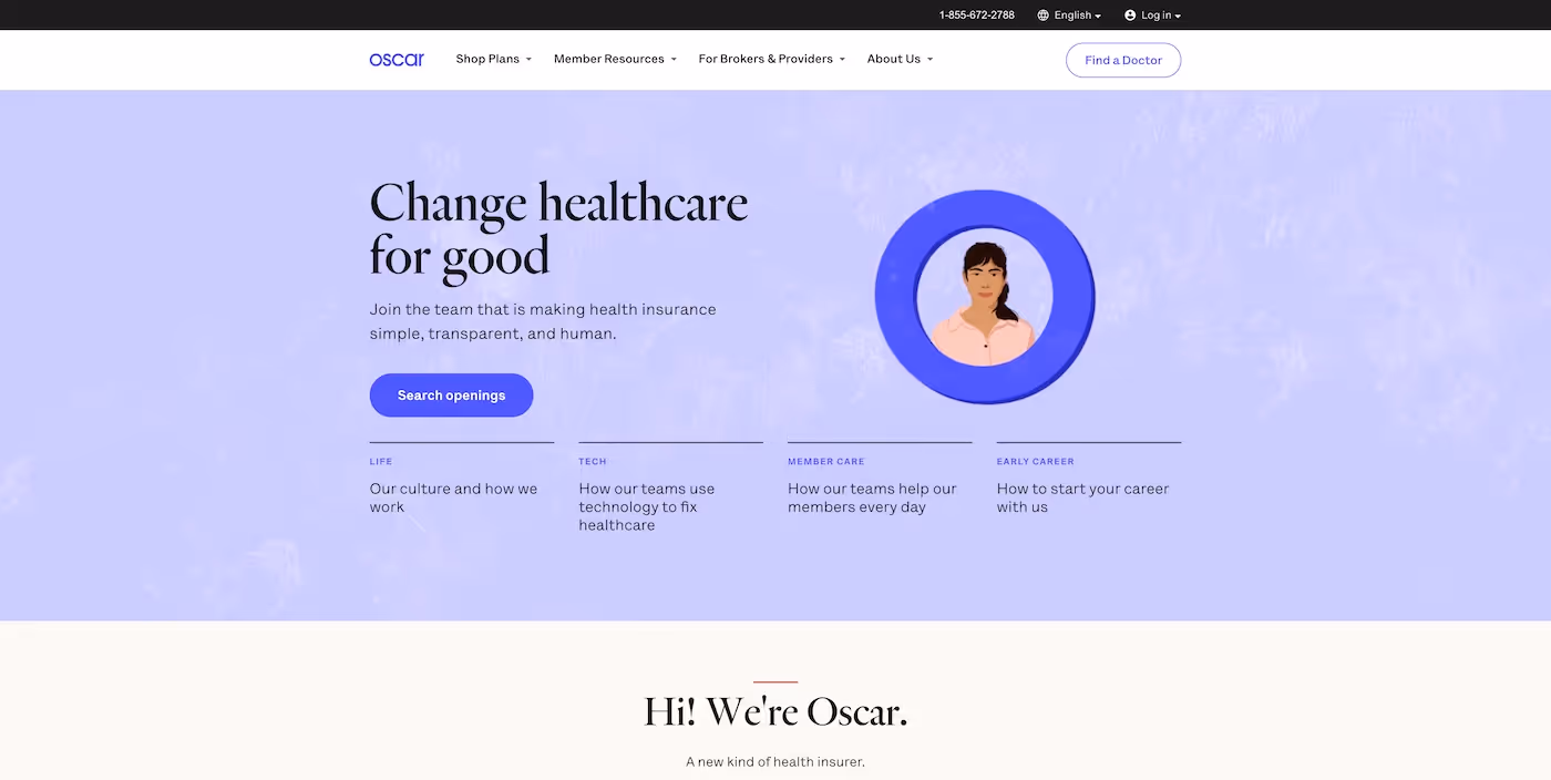 Screenshot of the official career page of Oscar Insurance
