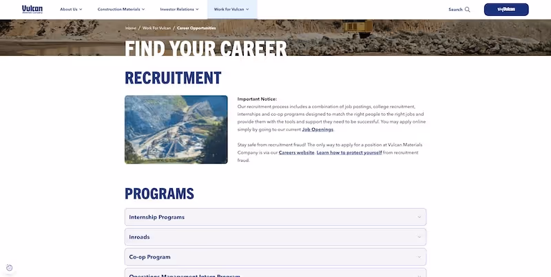Screenshot of the official career page of Vulcan Materials