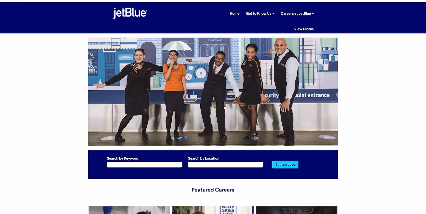 Screenshot of the official career page of JetBlue Airways