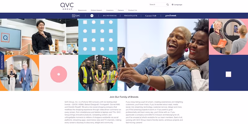 Screenshot of the official career page of QVC Group