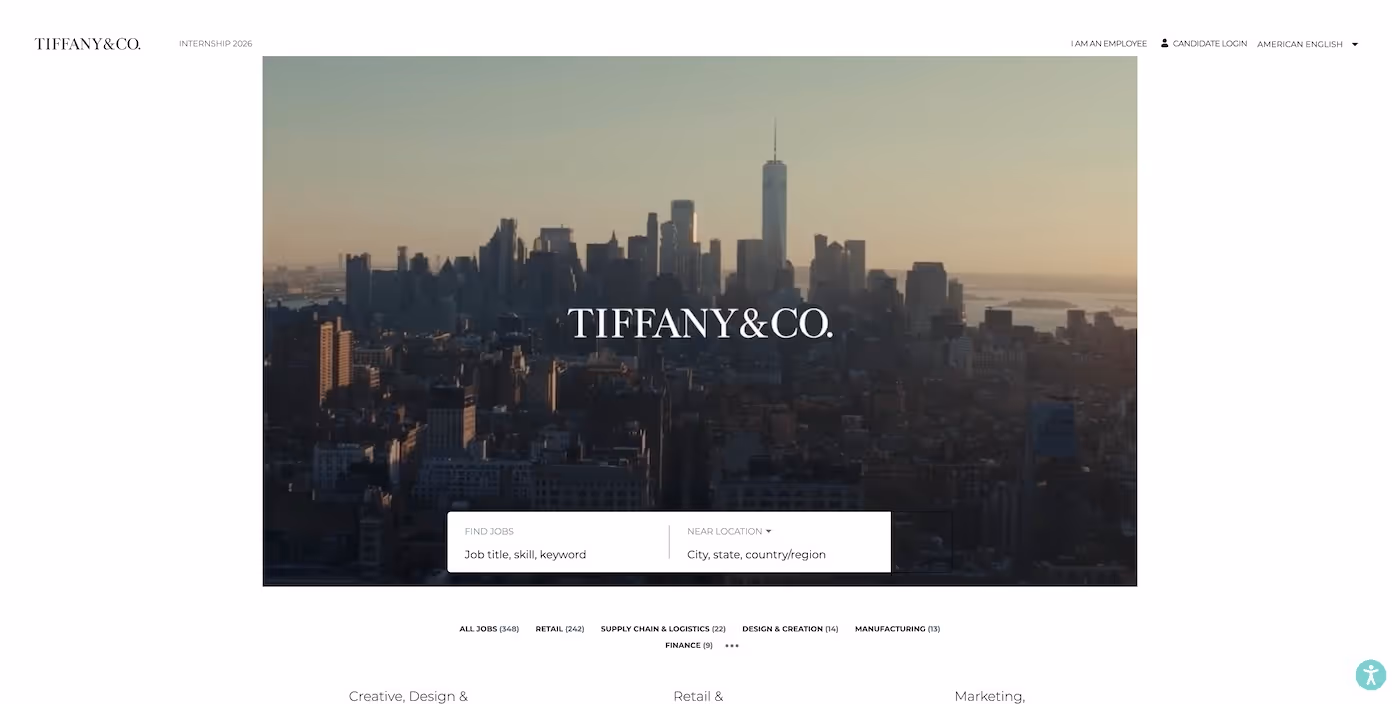 Screenshot of the official career page of Tiffany & Co.