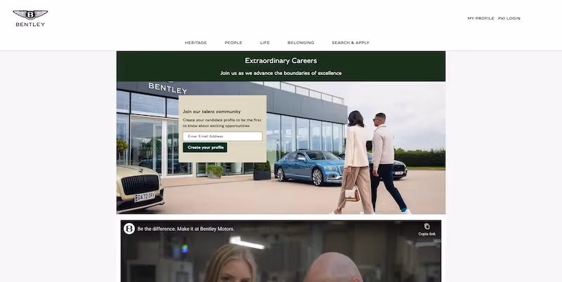 Screenshot of the official career page of Bentley