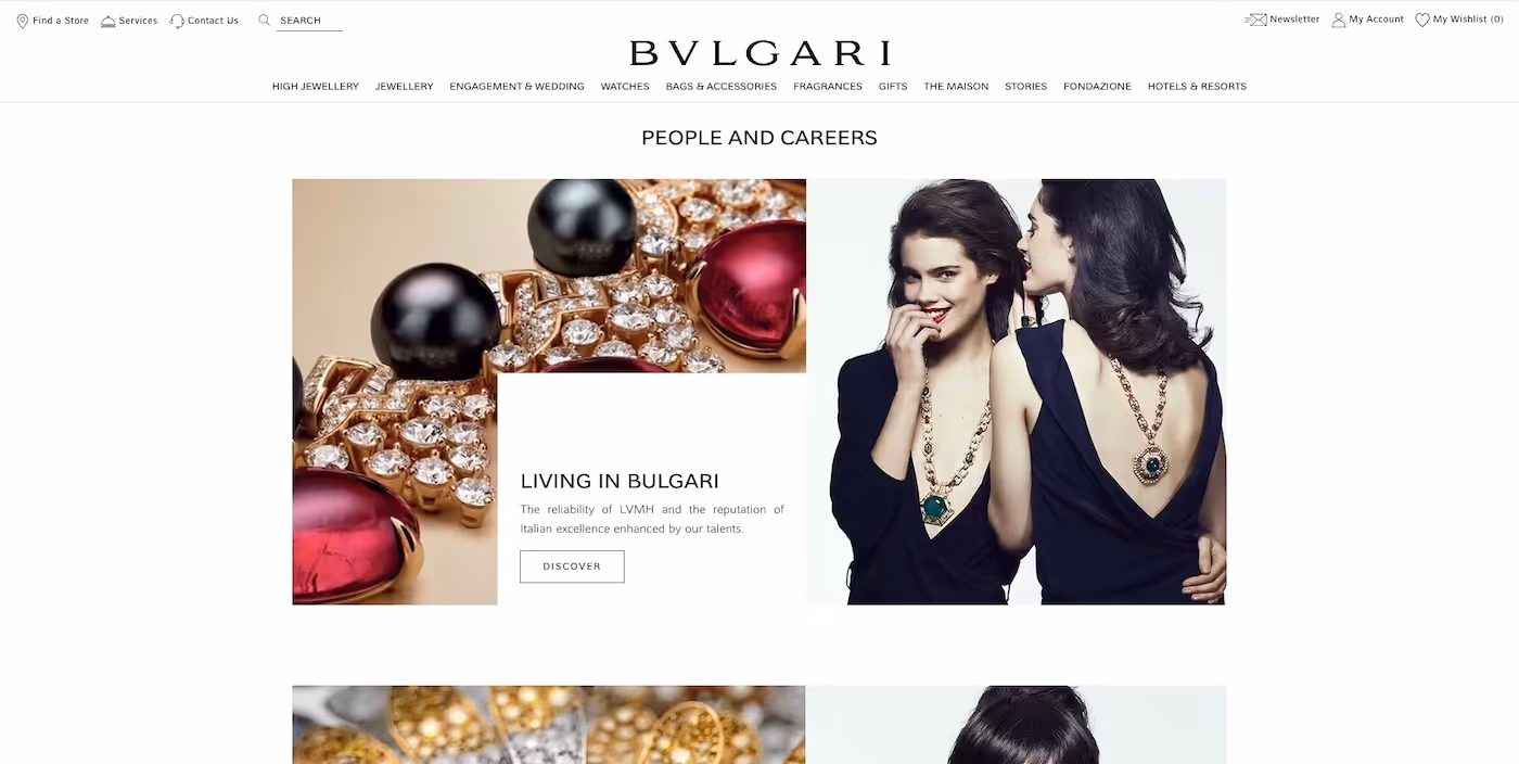 Screenshot of the official career page of Bulgari