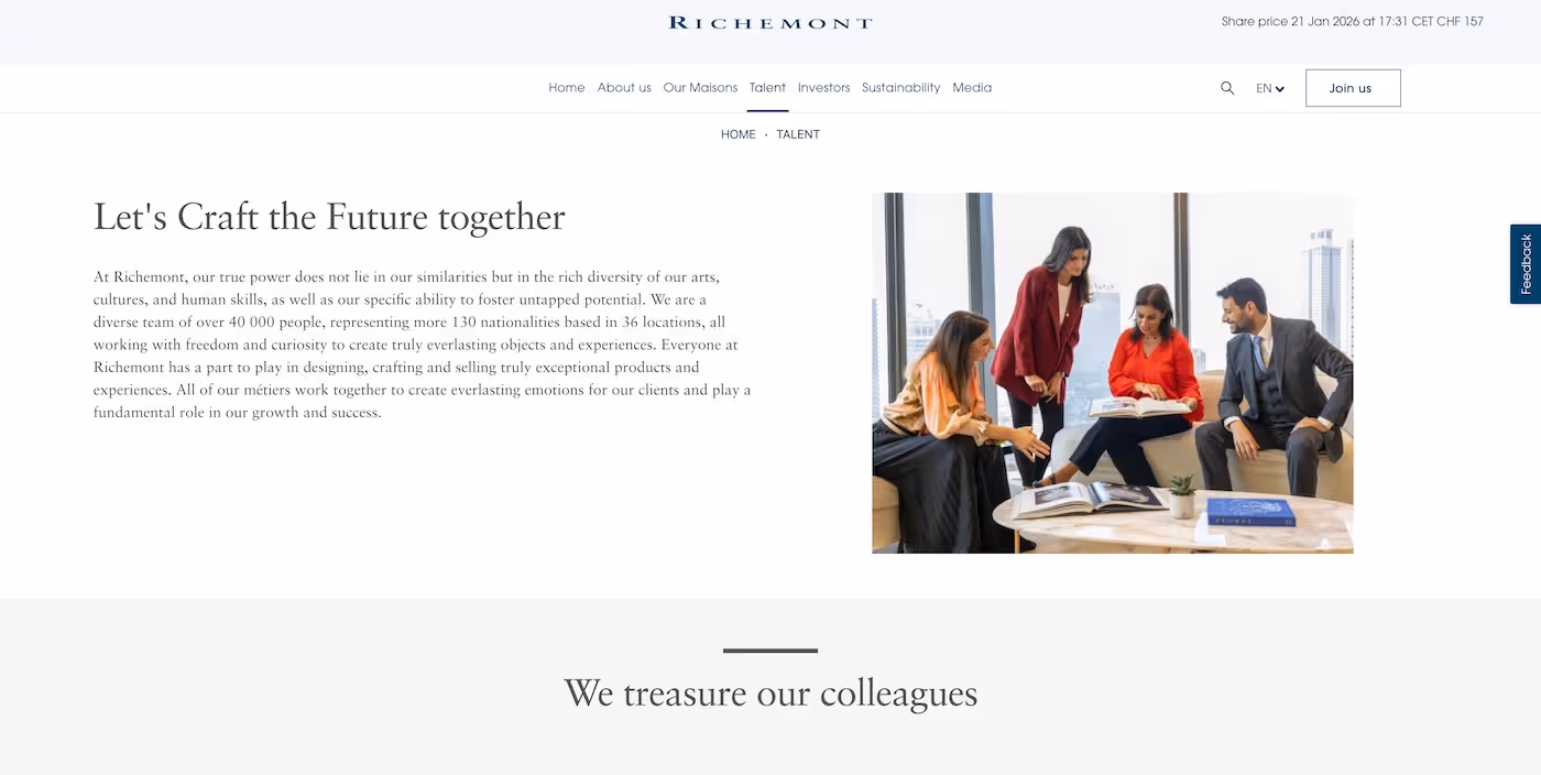 Screenshot of the official career page of Richemont