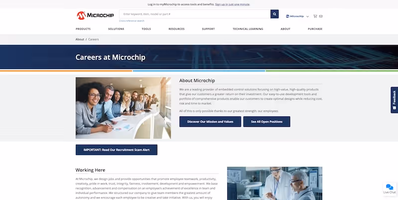 Screenshot of the official career page of Microchip Technology