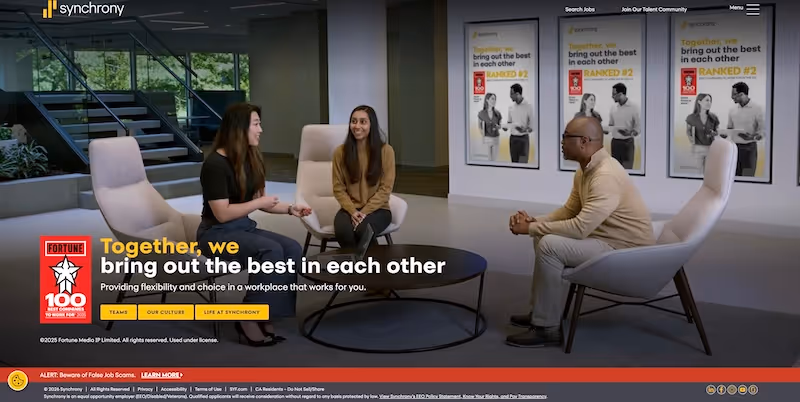 Screenshot of the official career page of Synchrony