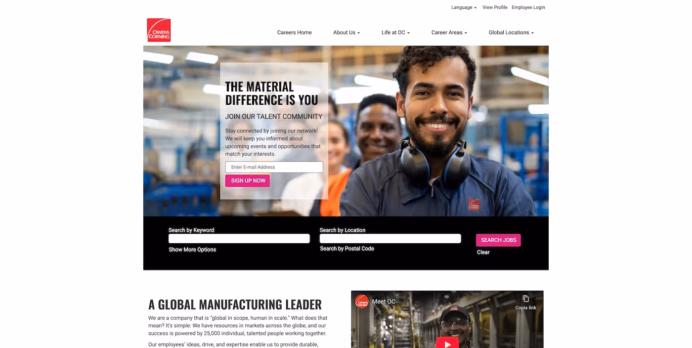 Screenshot of the official career page of Owens Corning
