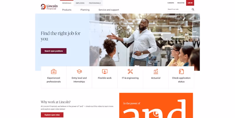 Screenshot of the official career page of Lincoln National