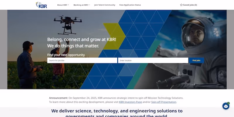 Screenshot of the official career page of KBR