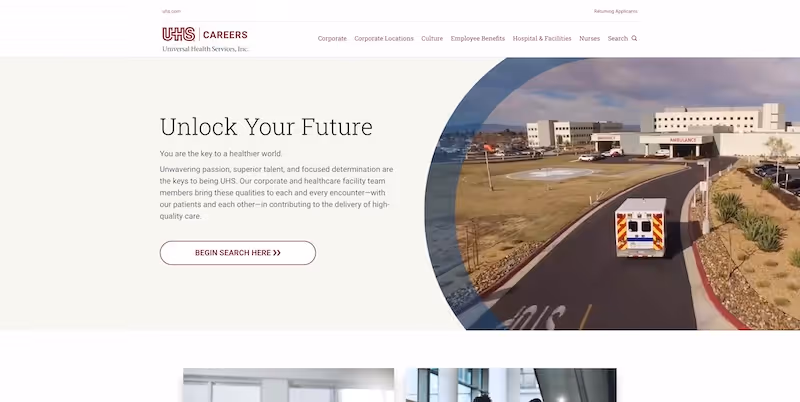 Screenshot of the official career page of Universal Health Services