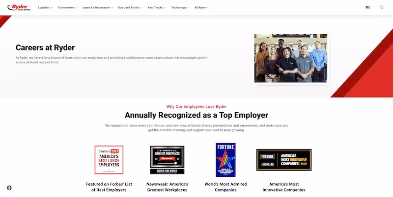 Screenshot of the official career page of Ryder System