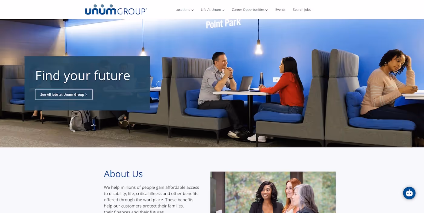 Screenshot of the official career page of Unum Group