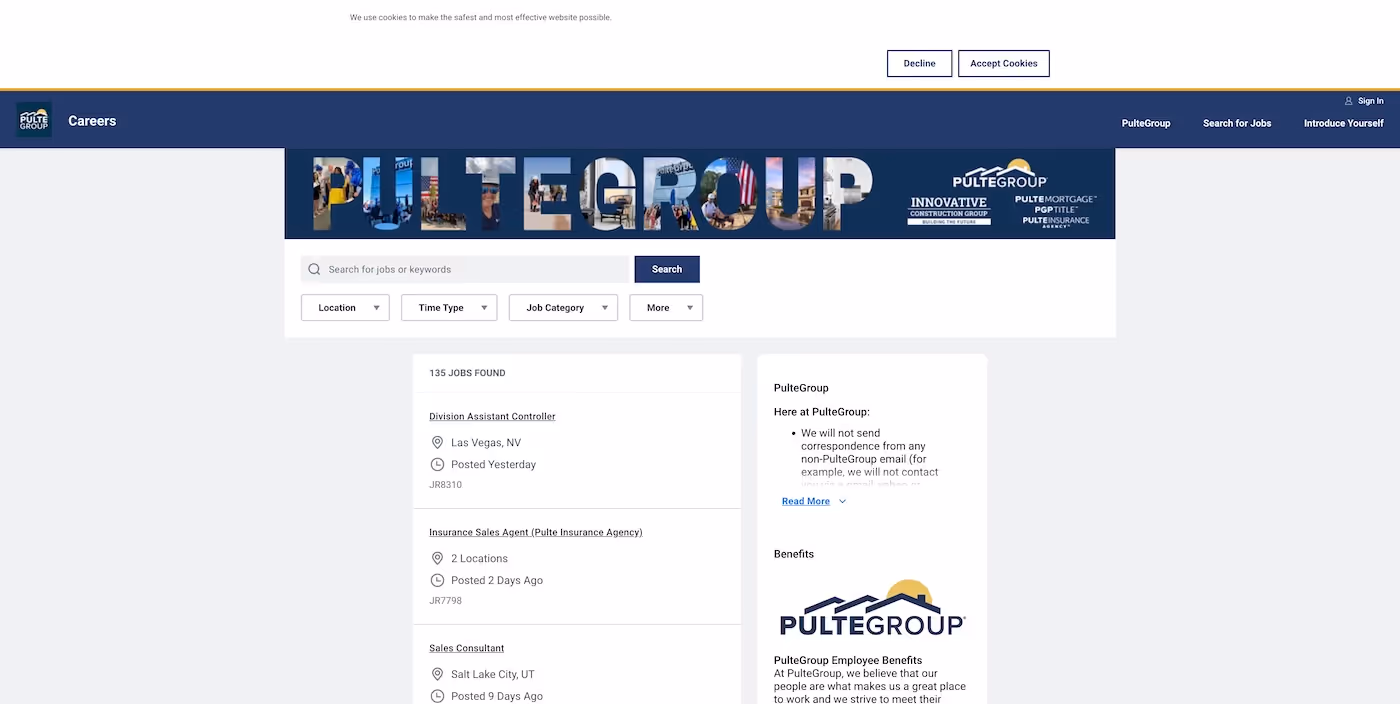 Screenshot of the official career page of PulteGroup