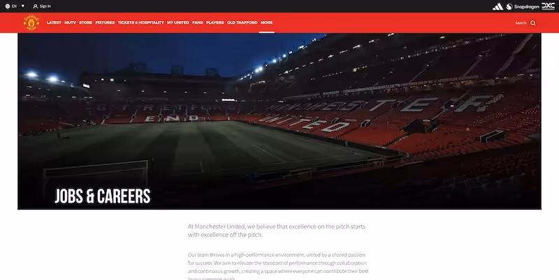 Screenshot of the official career page of Manchester United