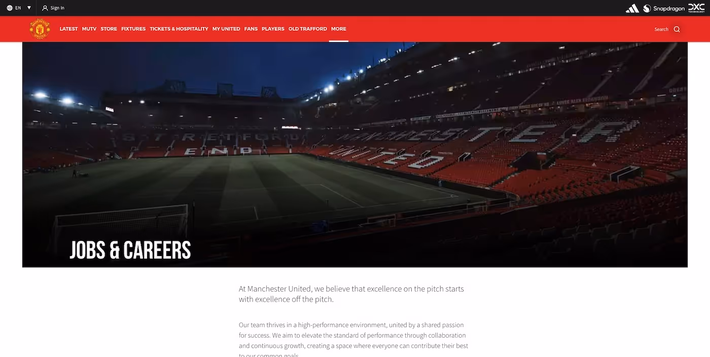 Screenshot of the official career page of Manchester United