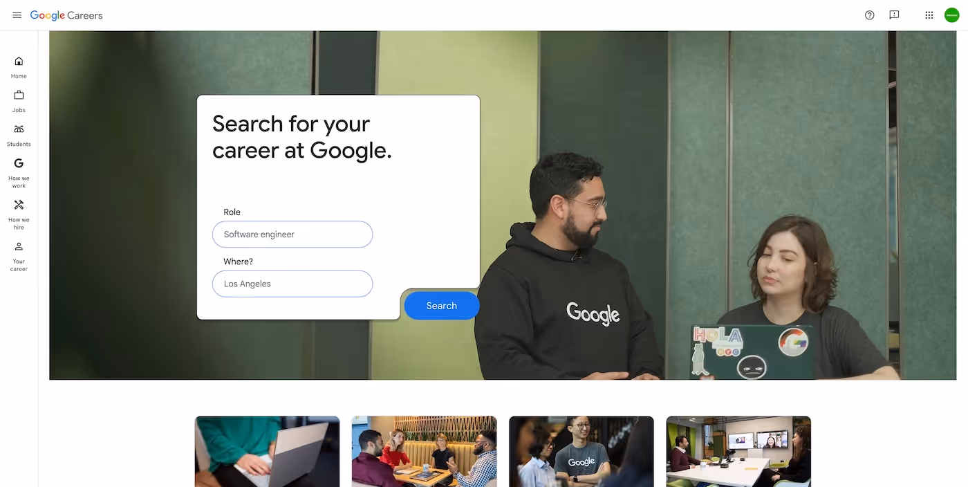 Screenshot of the official career page of Alphabet