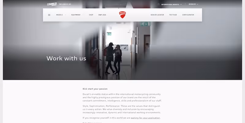 Screenshot of the official career page of Ducati