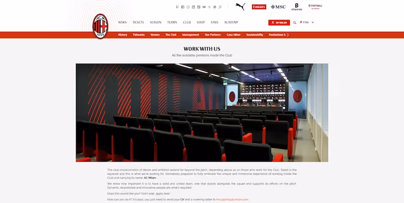 Screenshot of the official career page of AC Milan