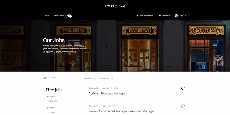 Screenshot of the official career page of Panerai