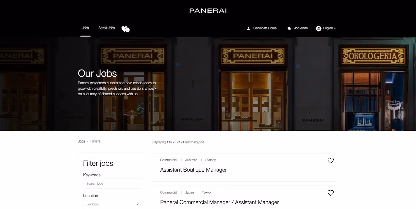 Screenshot of the official career page of Panerai