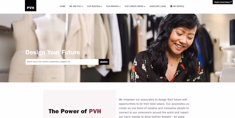 Screenshot of the official career page of PVH