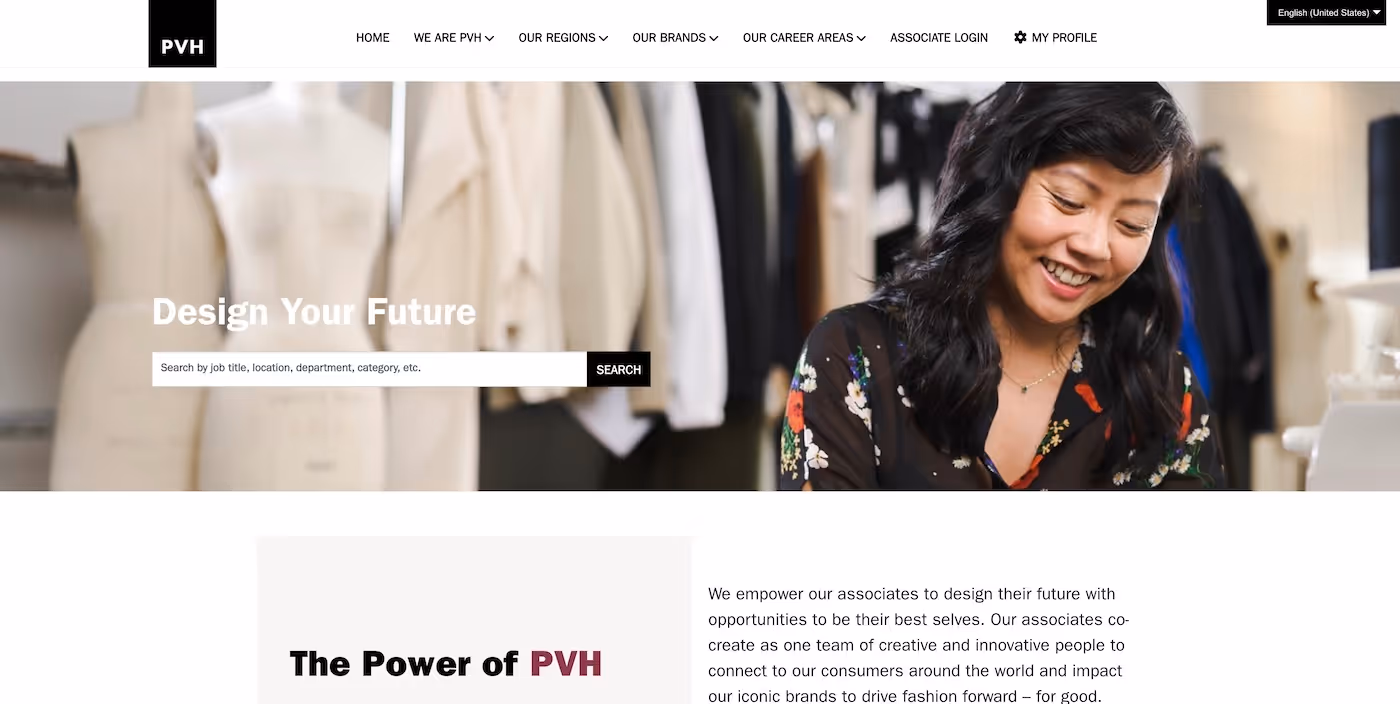 Screenshot of the official career page of PVH