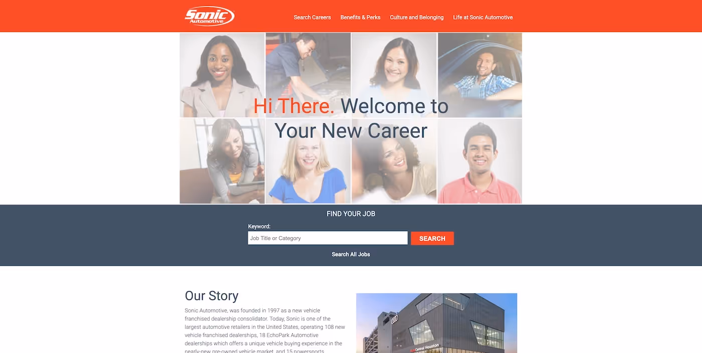 Screenshot of the official career page of Sonic Automotive