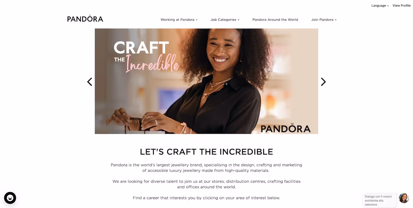 Screenshot of the official career page of Pandora