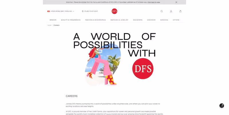 Screenshot of the official career page of DFS