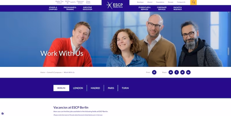 Screenshot of the official career page of ESCP