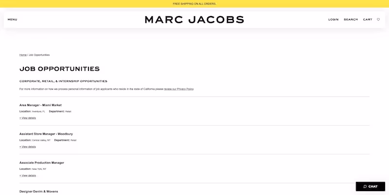 Screenshot of the official career page of Marc Jacobs