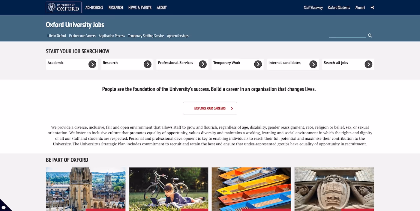 Screenshot of the official career page of Oxford University