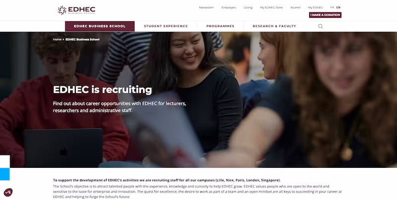 Screenshot of the official career page of EDHEC Business School